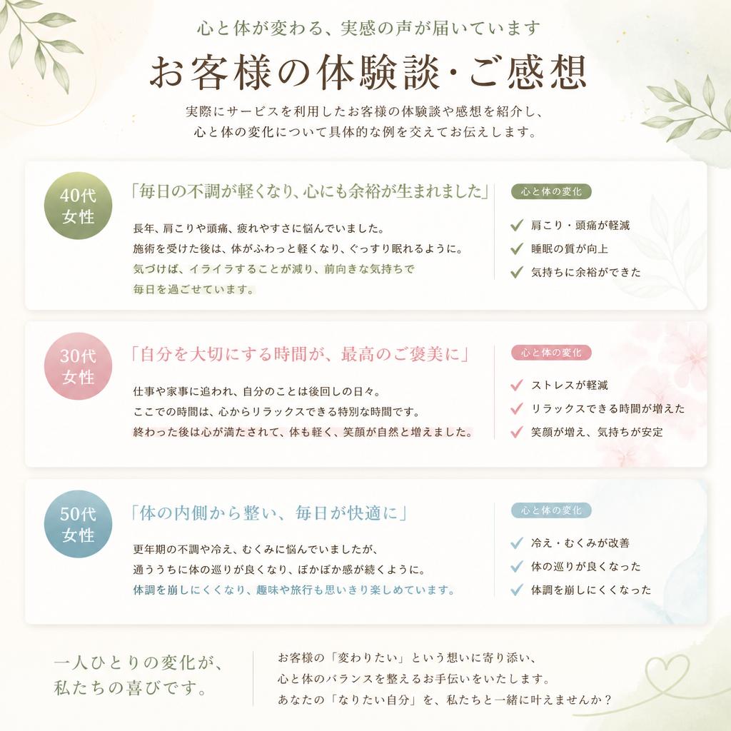 お客様の声：実際の体験談